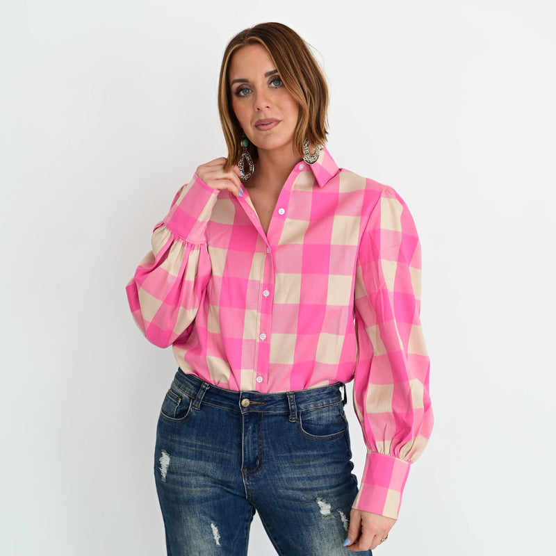 White & Tan Striped Button Up Top