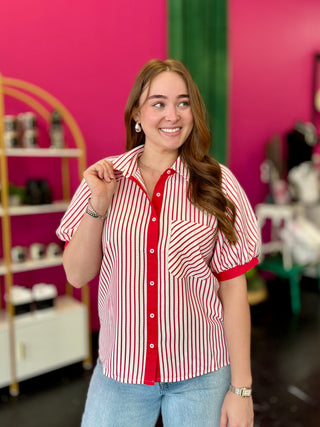 Red & Cream Striped Button Up Top