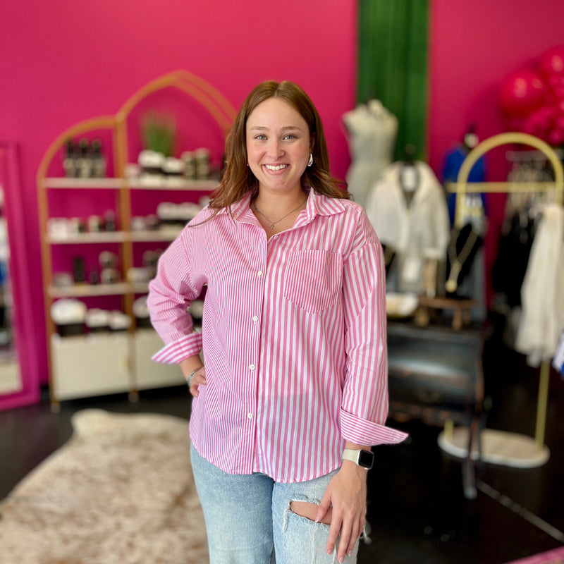 Pink & White Striped Button Up Top