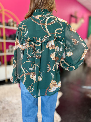 Dark Green Floral Print Top