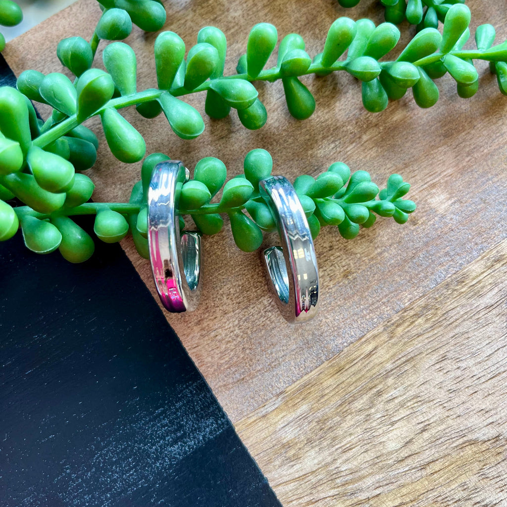 Silver Thick Half Oval Hoop Earring - Water Resistant
