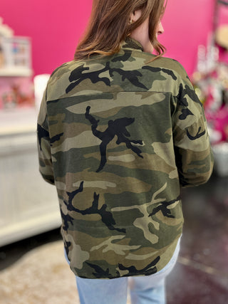 Camo Button Up Embroidery Top