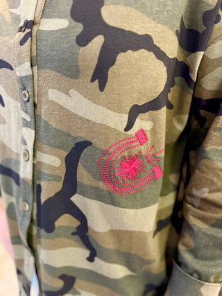 Camo Button Up Embroidery Top