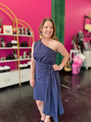 Navy 1 Shoulder Bow Tie Dress