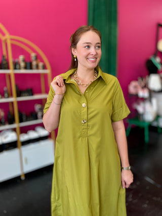 Chartreuse 3 Gold Button Midi Dress