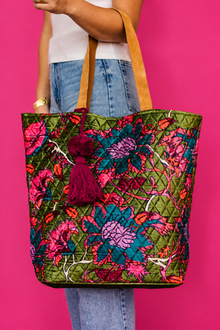 Dark Green Floral Tote Bag
