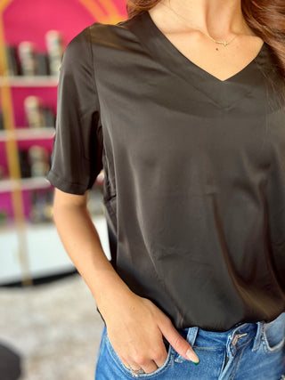 Black Satin VNeck Top