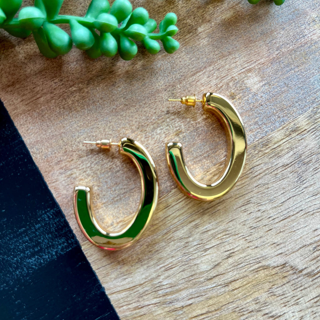 Gold Thick Half Oval Hoop Earring - Water Resistant
