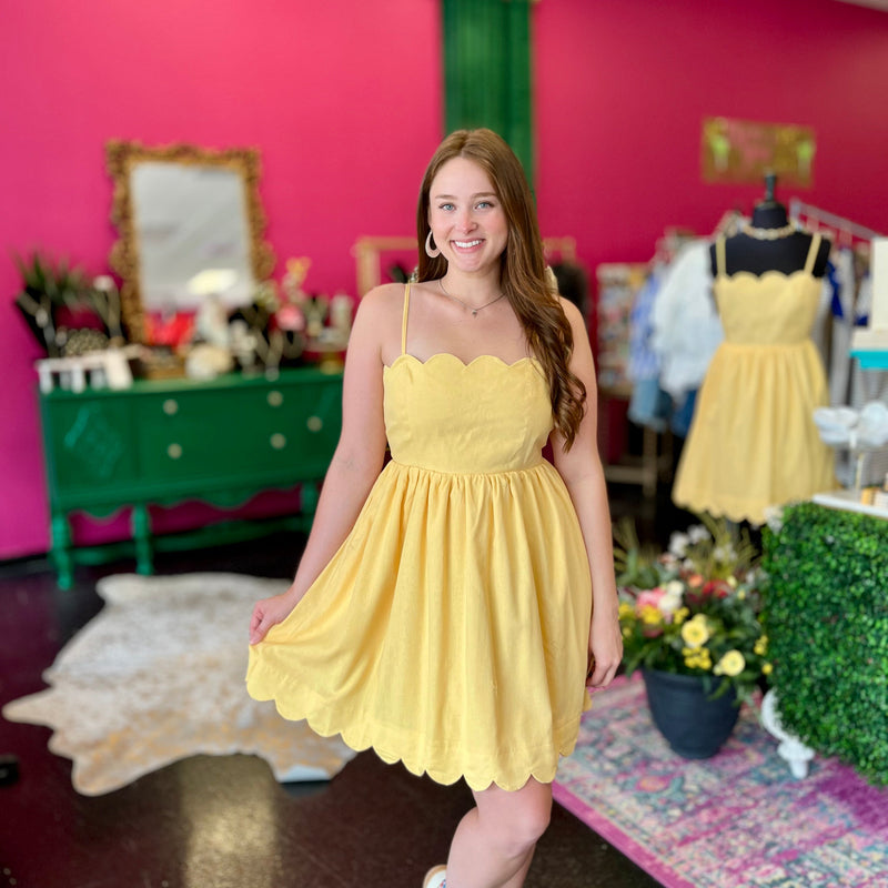 Yellow Scallopped & Bow Back Dress
