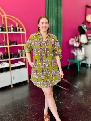 Chartreuse Print 3/4 Sleeve Dress