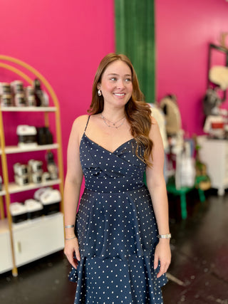 Navy Polka Dot Tiered Maxi Dress