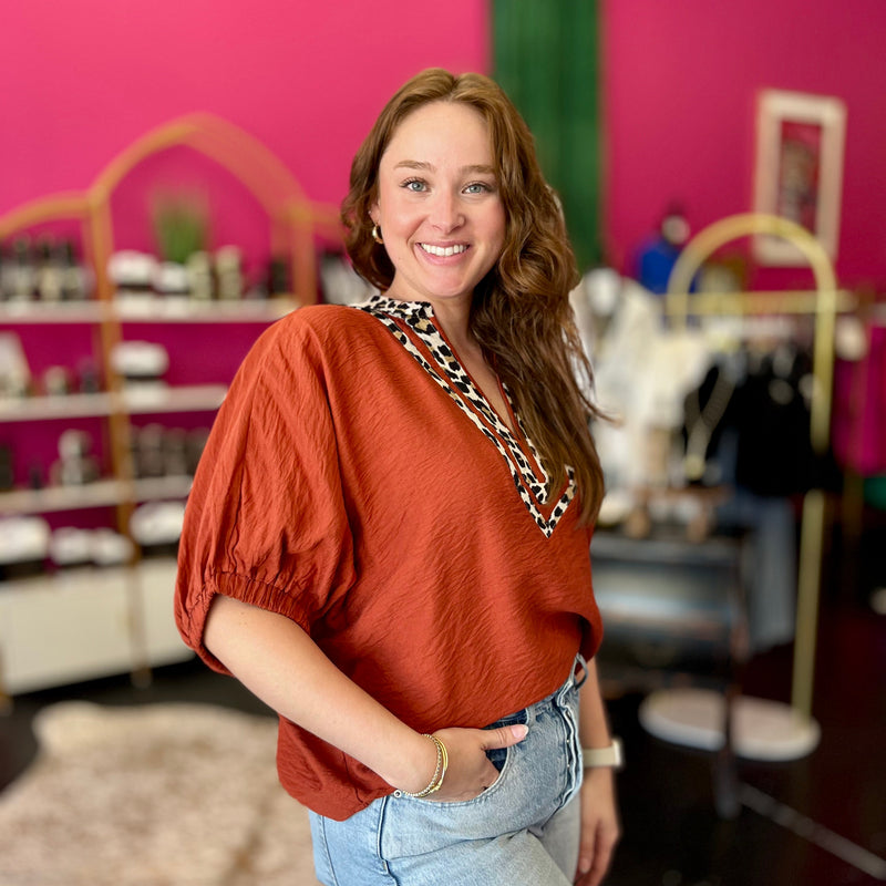 Rust & Leopard Trim Top