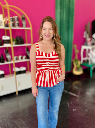 Red & Cream Striped Sleeveless Top