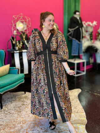 Black Paisley Print Midi Dress