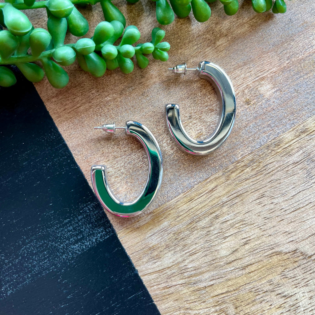 Silver Thick Half Oval Hoop Earring - Water Resistant