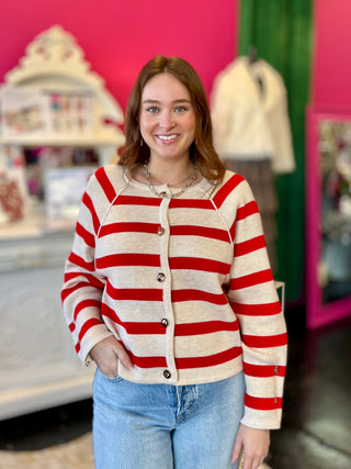Red & Taupe Striped Button Up Top