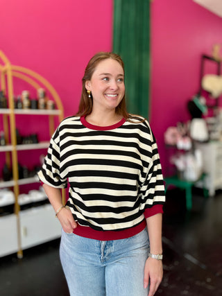 Black Striped & Maroon Trim Top