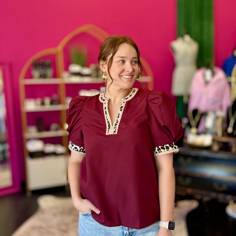 Maroon & Leopard Trim Top