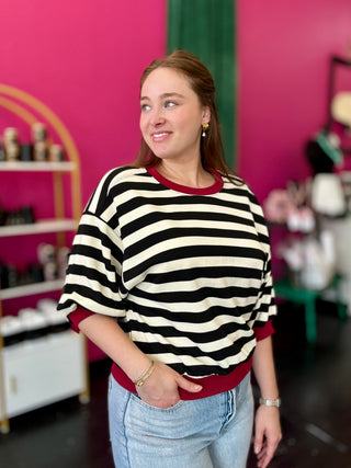 Black Striped & Maroon Trim Top
