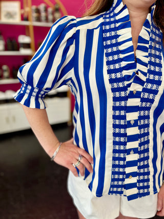 Royal Blue Striped Puff Sleeve Top