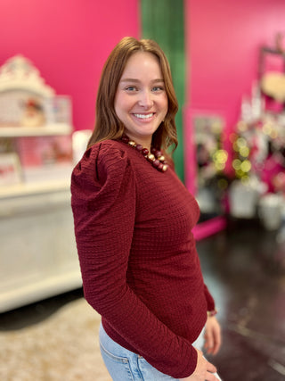 Wine Textured Puff Sleeve Top