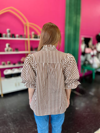 Brown & Ivory Striped Smocked Ruffle Detail Top