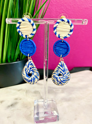 Blue & Cream Raffia 3 Shape Earrings
