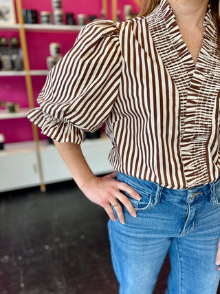Brown & Ivory Striped Smocked Ruffle Detail Top