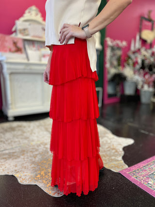 Red Mesh Ruffle Tiered Maxi Skirt