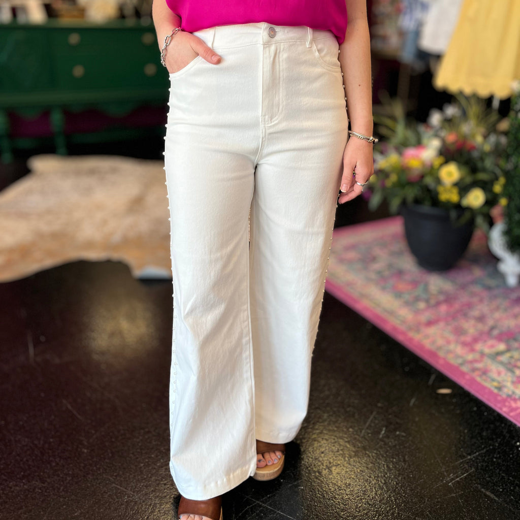 White Denim & Pearl Detail Wide Leg Jeans