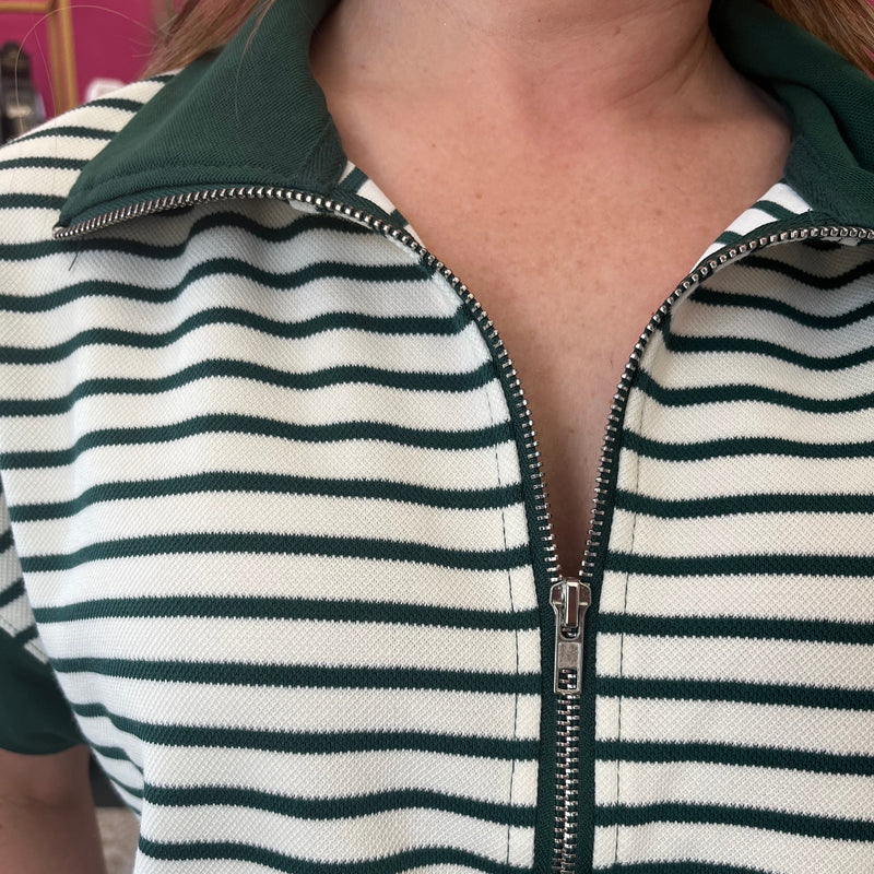 Dark Green & White Striped Half Zip Top