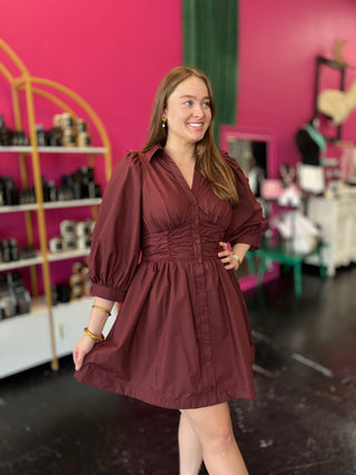 Maroon Balloon Sleeve Dress