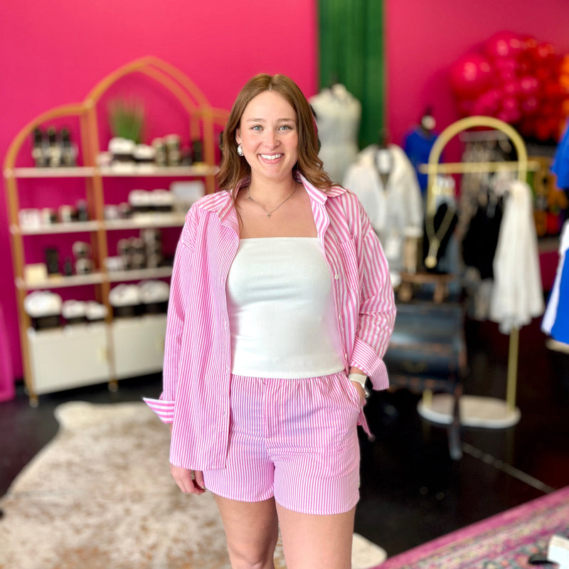 Pink & White Striped Button Up Top
