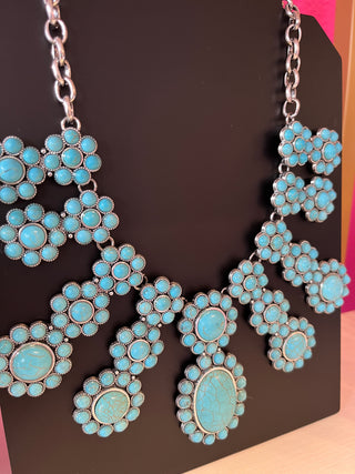 Faux Turquoise Flower Bib Necklace