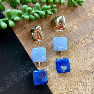 Gold & Blue Tone Square Dangle Earrings