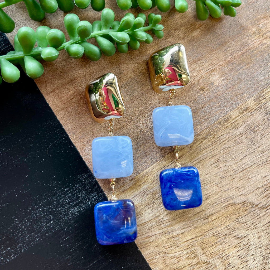 Gold & Blue Tone Square Dangle Earrings