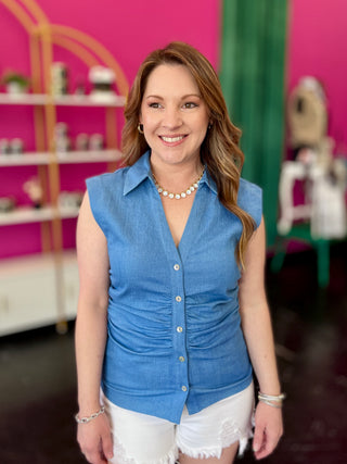 Denim Ruched Button Down Top