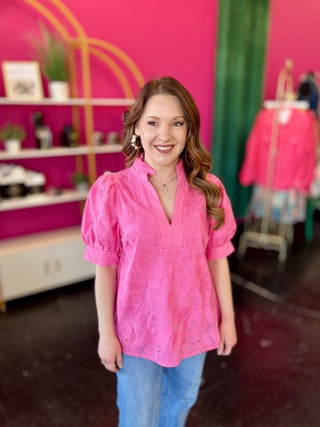 Bright Pink Solid Floral Embroidery Top