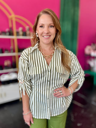 Cream & Olive Striped Button Up Top