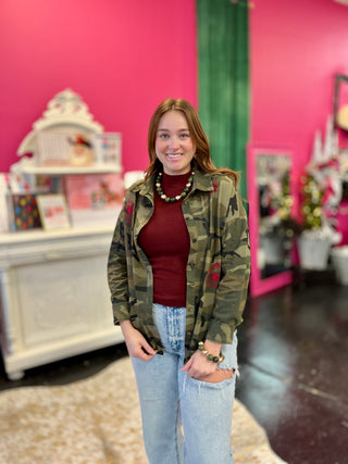 Camo Button Up Embroidery Top