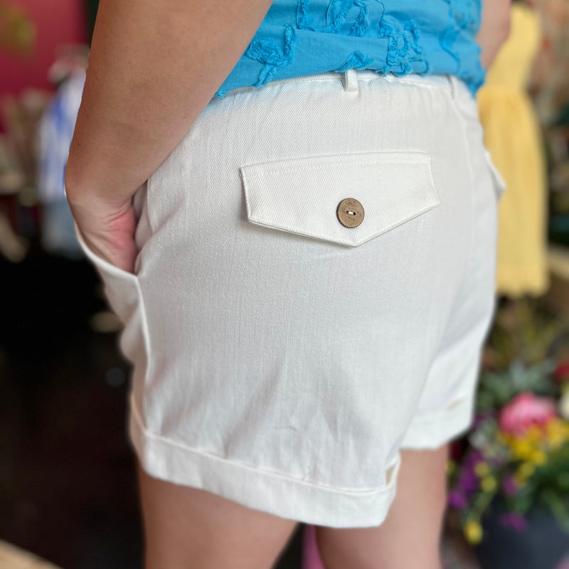 White Front Seam Cuffed Shorts