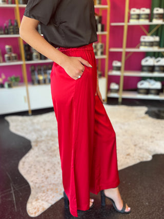 Red Satin Wide Leg Pants