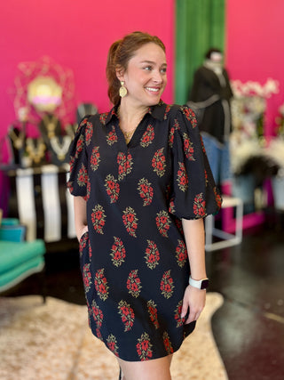 Black & Red Floral Print Dress