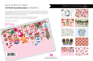Acrylic tray with interchangeable inserts featuring Christmas designs, displayed on a white background.