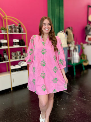 Panama Pink & Green Embroidery Dress