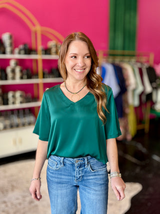 Green Satin VNeck Top