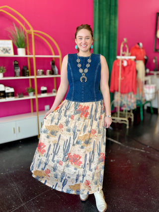 Denim Cactus Mesh Maxi Skirt