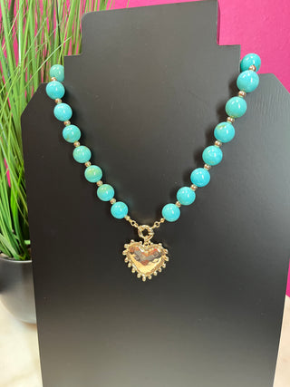 Turquoise Ball & Gold Heart Necklace