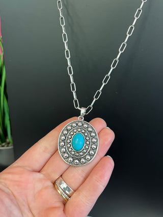 Silver Dot Oval & Turquoise Chain Necklace