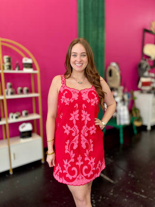 Red & Pink Embroidery Shift Dress
